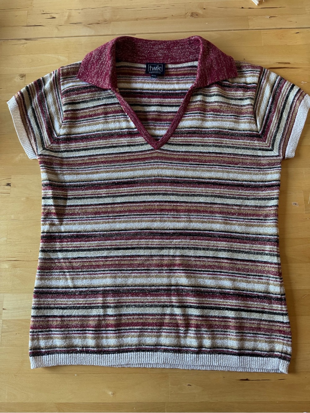 TWIK Striped V-Neck Polo Top in Burgundy and Cream